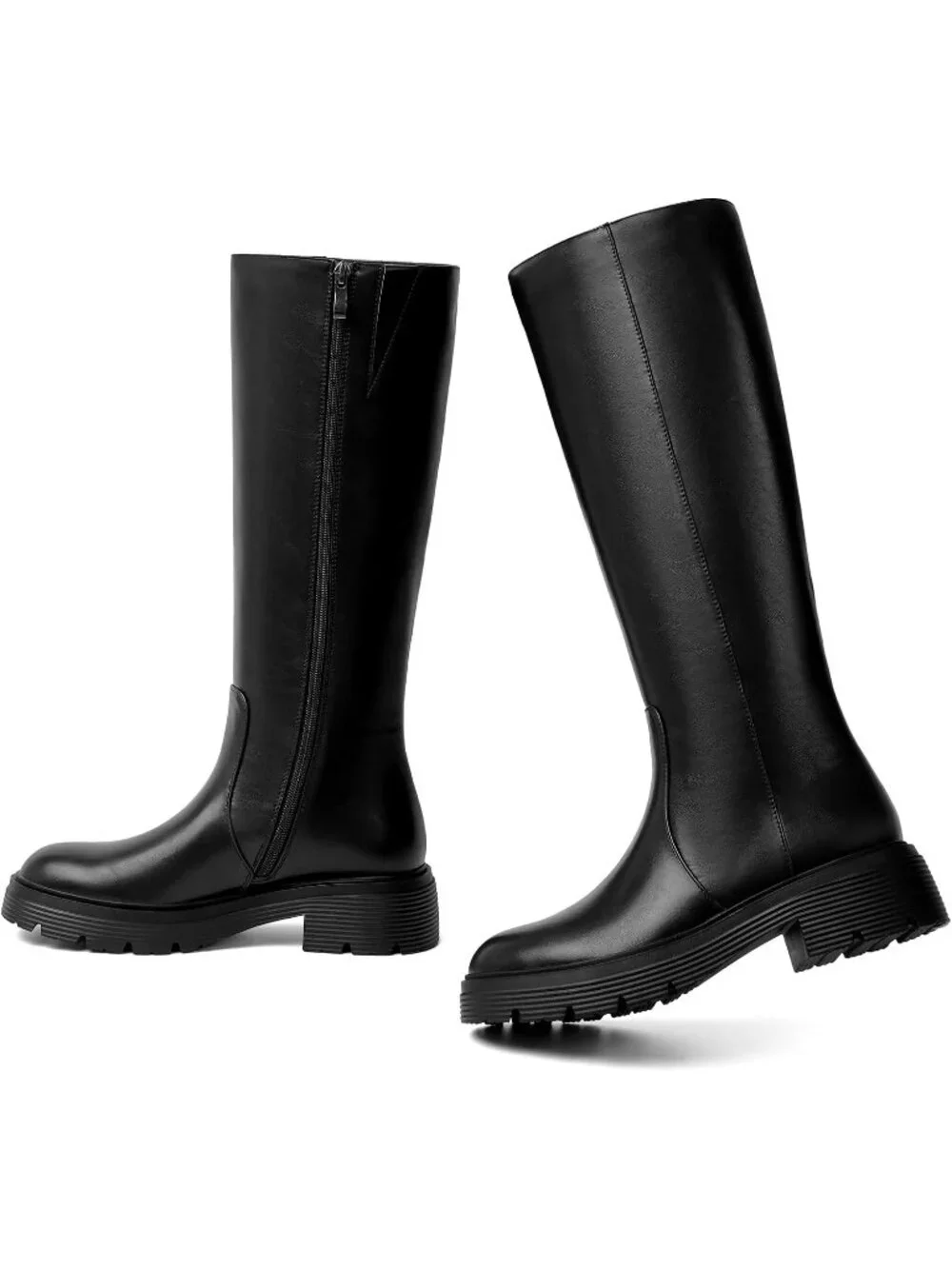 Women's Black Faux Leather Low Block Heel Comfort Side Zipper Knee High Boots